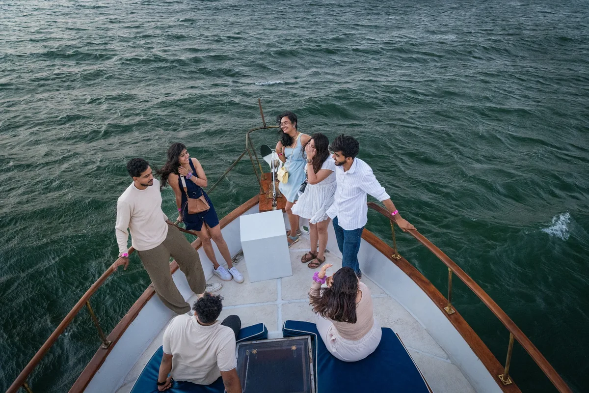 Guests enjoying the bow of Solita on the Arabian Sea